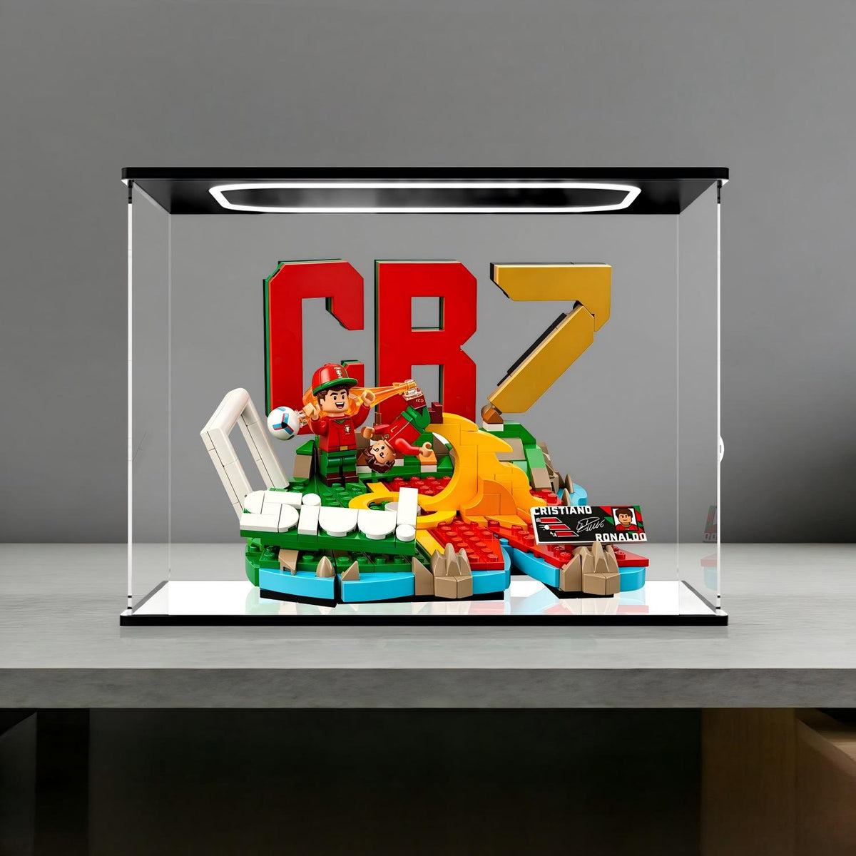 LEGO 43012 Cristiano Ronaldo - Soccer Highlights Vitrine de Exibição em Acrílico Espelhado com Anel de Luz e Fundo Impresso em UV - Vitrine à Prova de Poeira
