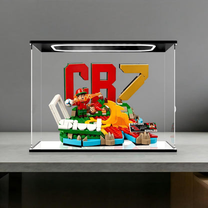 LEGO 43012 Cristiano Ronaldo - Soccer Highlights Vitrine de Exibição em Acrílico Espelhado com Anel de Luz e Fundo Impresso em UV - Vitrine à Prova de Poeira