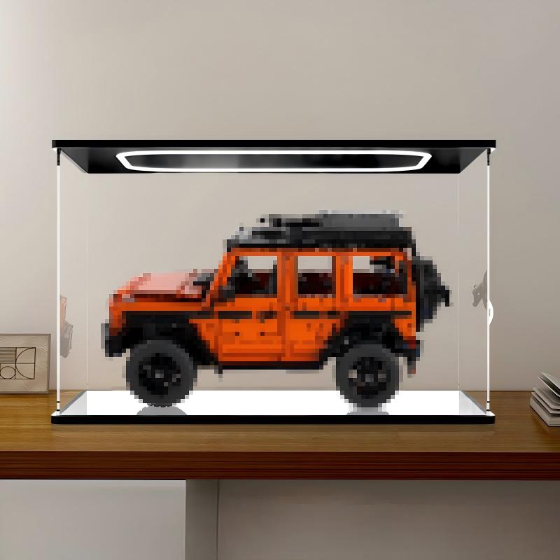 LEGO 42177 Mercedes-Benz G 500 PROFESSIONAL Line Vitrine aus Acryl mit Ringlicht & UV-bedrucktem Hintergrund – Staubdichte Ausstellungsbox