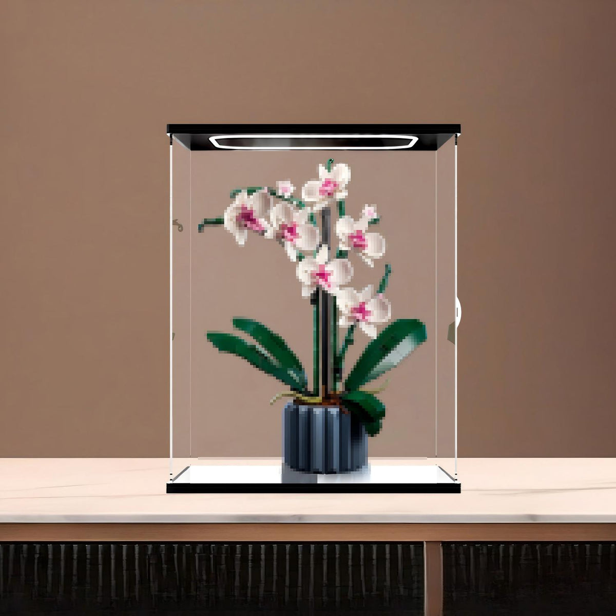 LEGO 10311 Vitrine de Exibição de Acrílico com Espelho para Orquídea, com Luz de Anel e Fundo Impresso em UV - Mostruário à Prova de Poeira