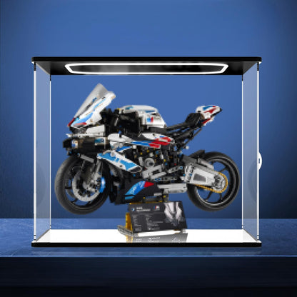 LEGO 42130 BMW M 1000 RR ミラーアクリルディスプレイケース リングライト＆UVプリント背景付き - 防塵ショーケース