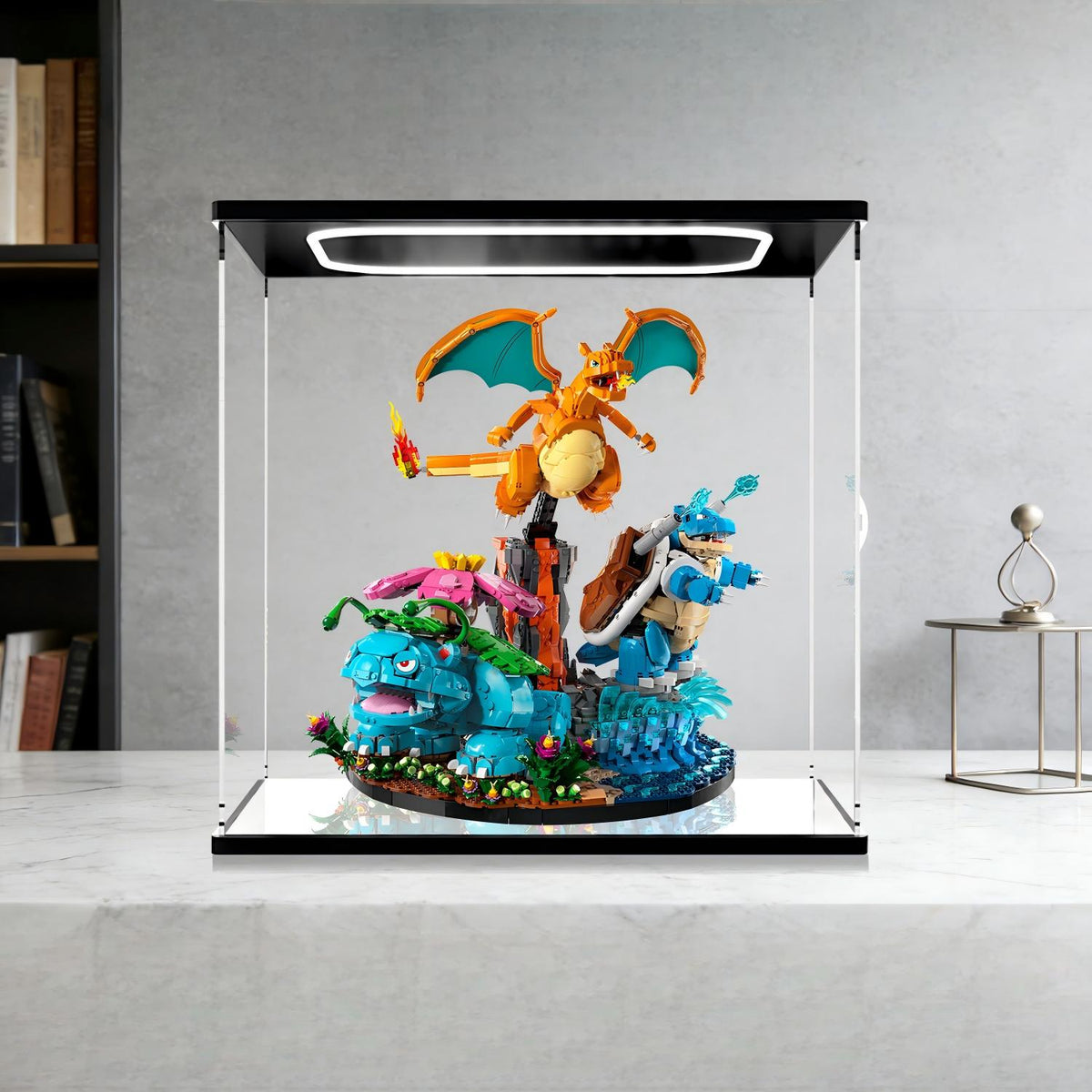 LEGO 72153 Venusaur, Charizard and Blastoise Mirror Acrylic Display Case with Ring Light & UV-Printed Background - Dustproof Showcase