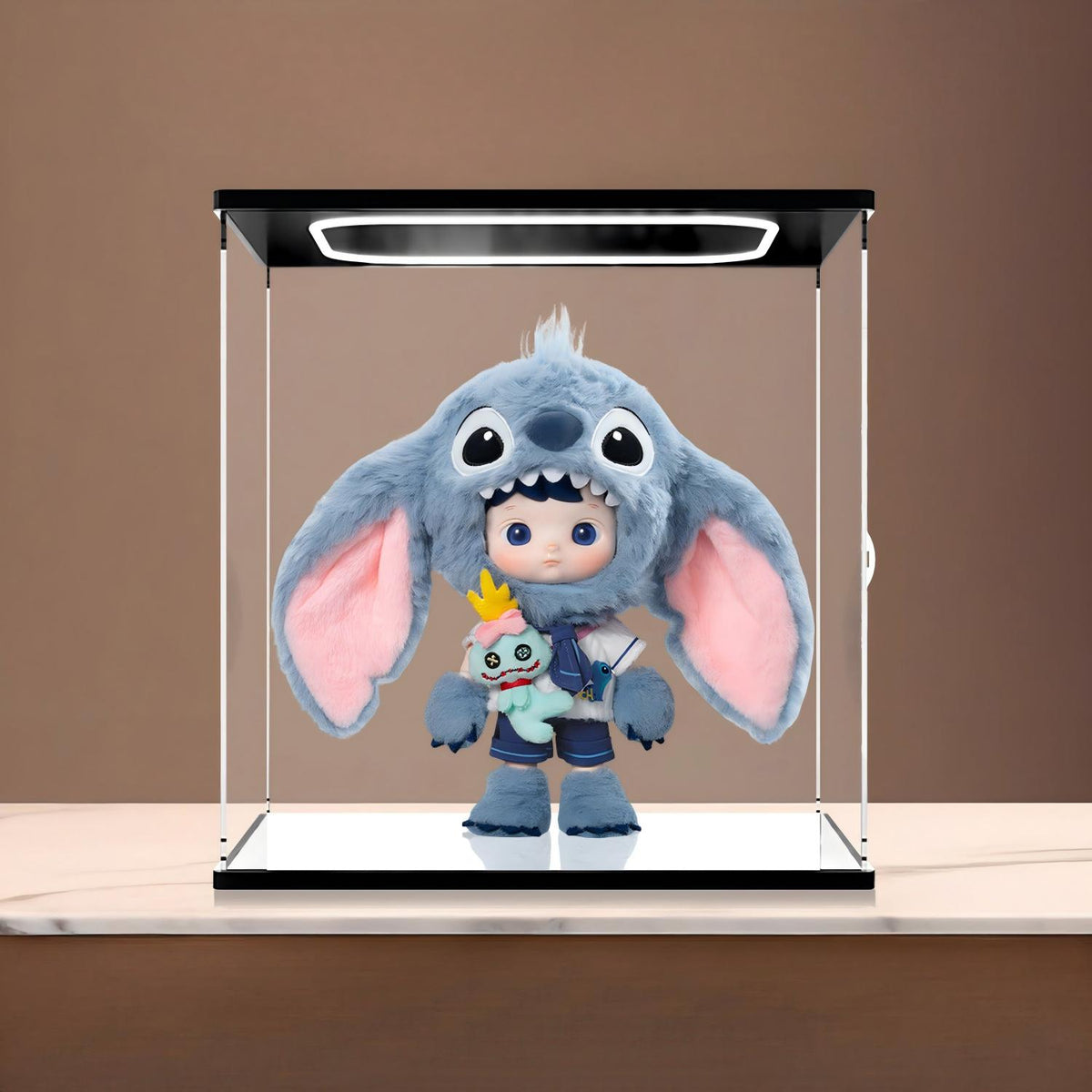 Pop Mart Hacipupu Mirror Acrylic Display Case with Ring Light & UV-Printed Background - Dustproof Showcase
