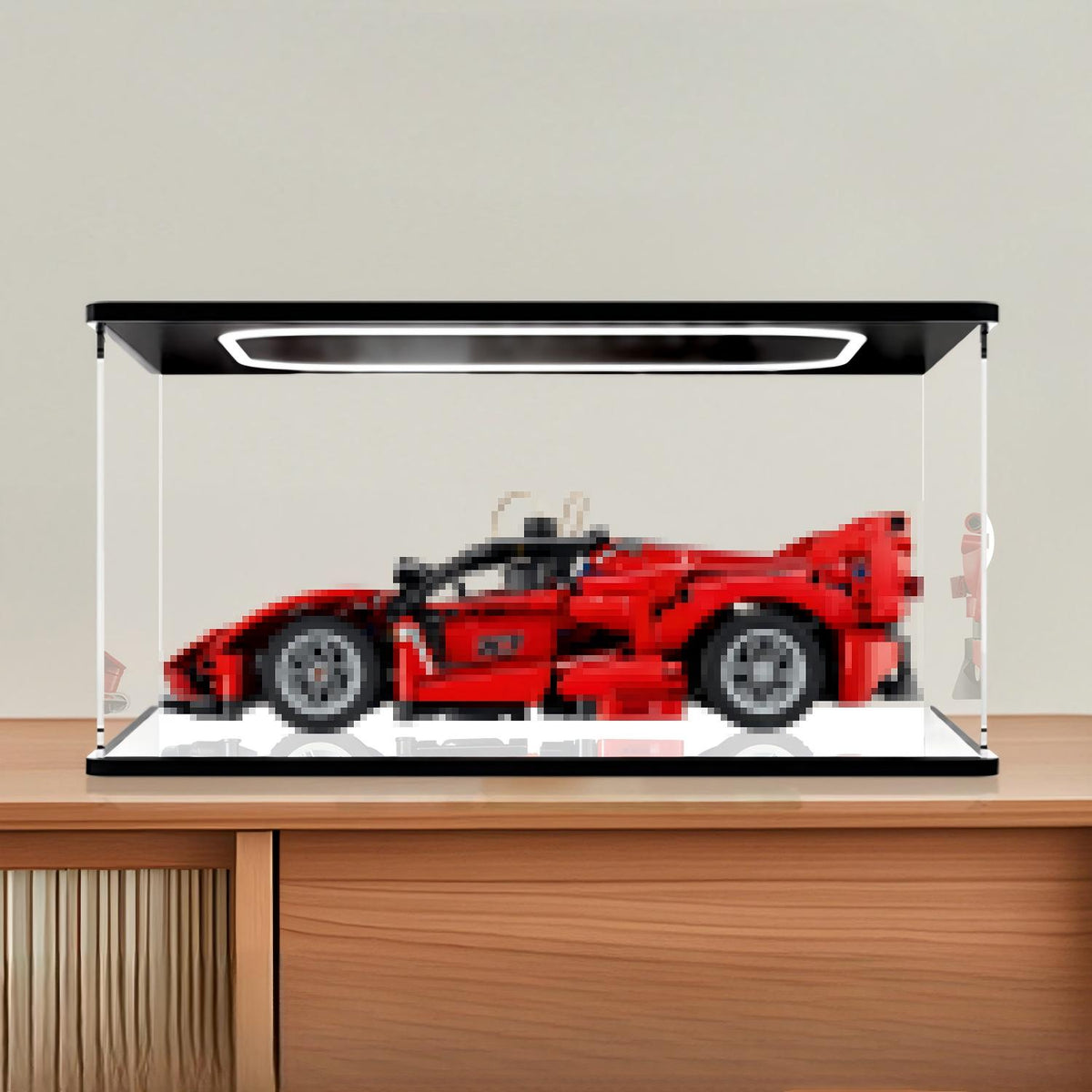LEGO 42212 Ferrari FXX K Mirror Acrylic Display Case with Ring Light & UV-Printed Background - Dustproof Showcase