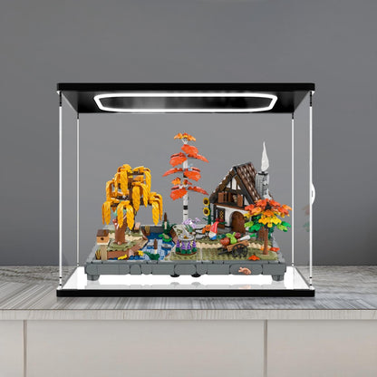 LEGO 11372 Autumn Cottage Garden Mirror Acrylic Display Case with Ring Light & UV-Printed Background - Dustproof Showcase