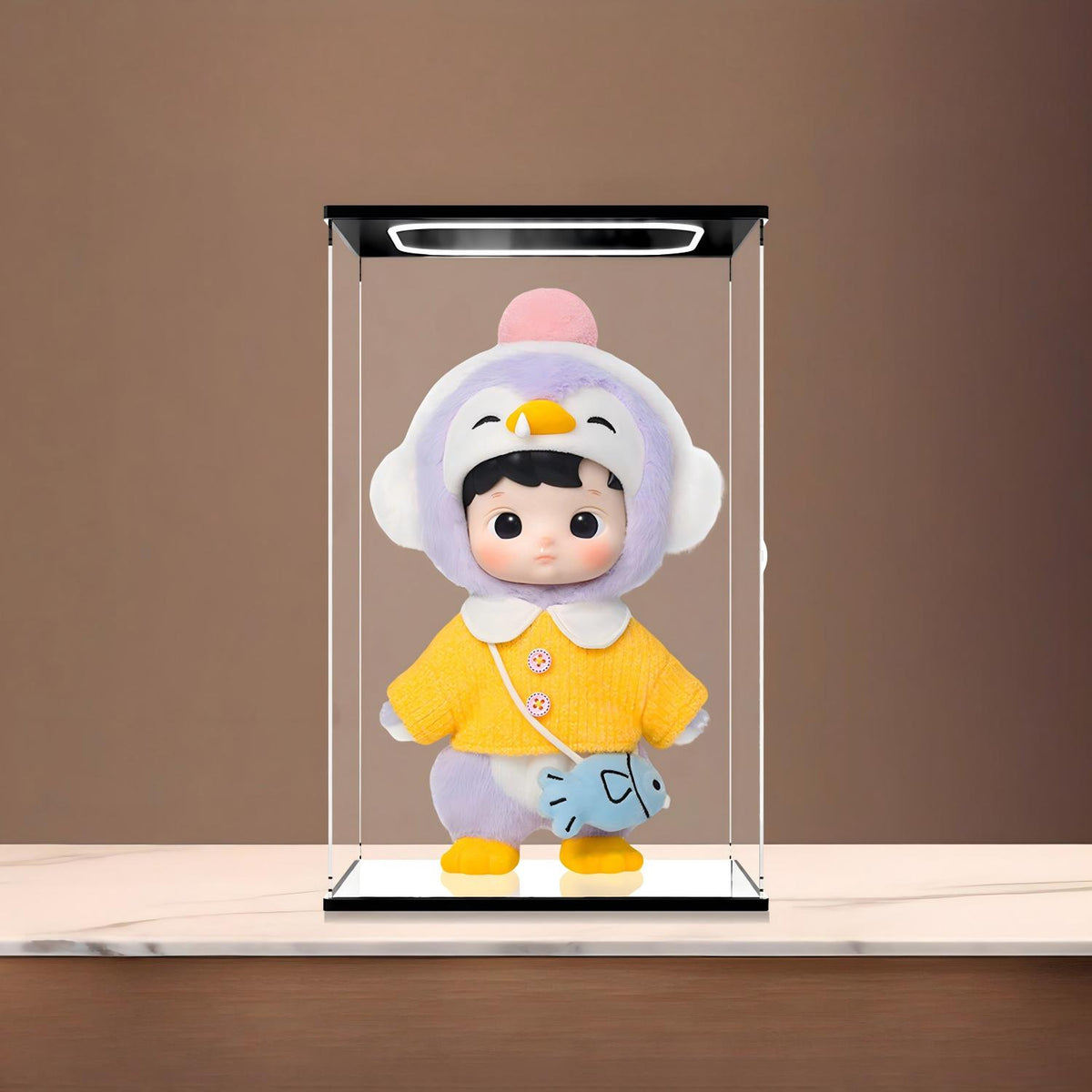 Pop Mart Hacipupu 镜面亚克力展示盒，带环形灯和UV印刷背景 - 防尘展示柜