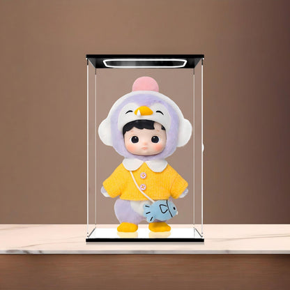 Pop Mart Hacipupu 镜面亚克力展示盒，带环形灯和UV印刷背景 - 防尘展示柜