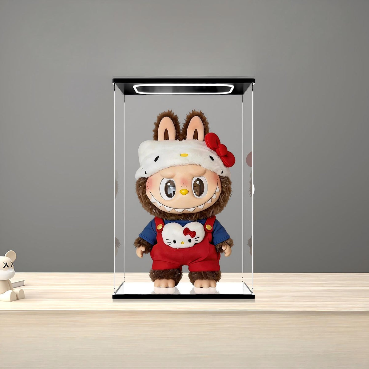 Pop Mart Fluffy Character Mirror Acrylic Display Case with Ring Light & UV-Printed Background - Dustproof Showcase