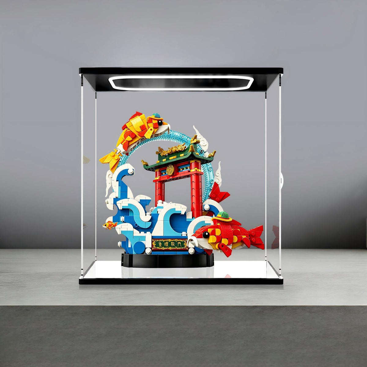 LEGO 80120 Prosperity Carp Leaping Mirror Acrylic Display Case with Ring Light & UV-Printed Background - Dustproof Showcase