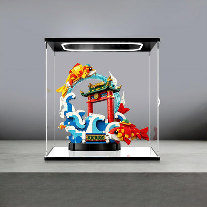 LEGO 80120 Prosperity Carp Leaping Mirror Acrylic Display Case with Ring Light & UV-Printed Background - Dustproof Showcase