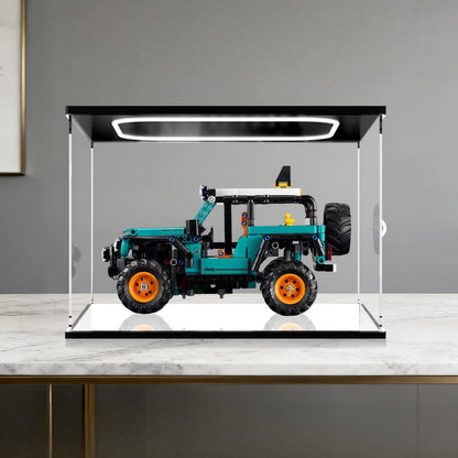 LEGO 42227 Jeep Wrangler Rubicon Mirror Acrylic Display Case with Ring Light & UV-Printed Background - Dustproof Showcase