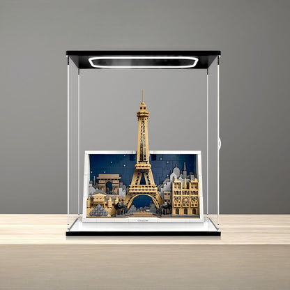 LEGO 21064 Paris - City of Love Mirror Acrylic Display Case with Ring Light & UV-Printed Background - Dustproof Showcase