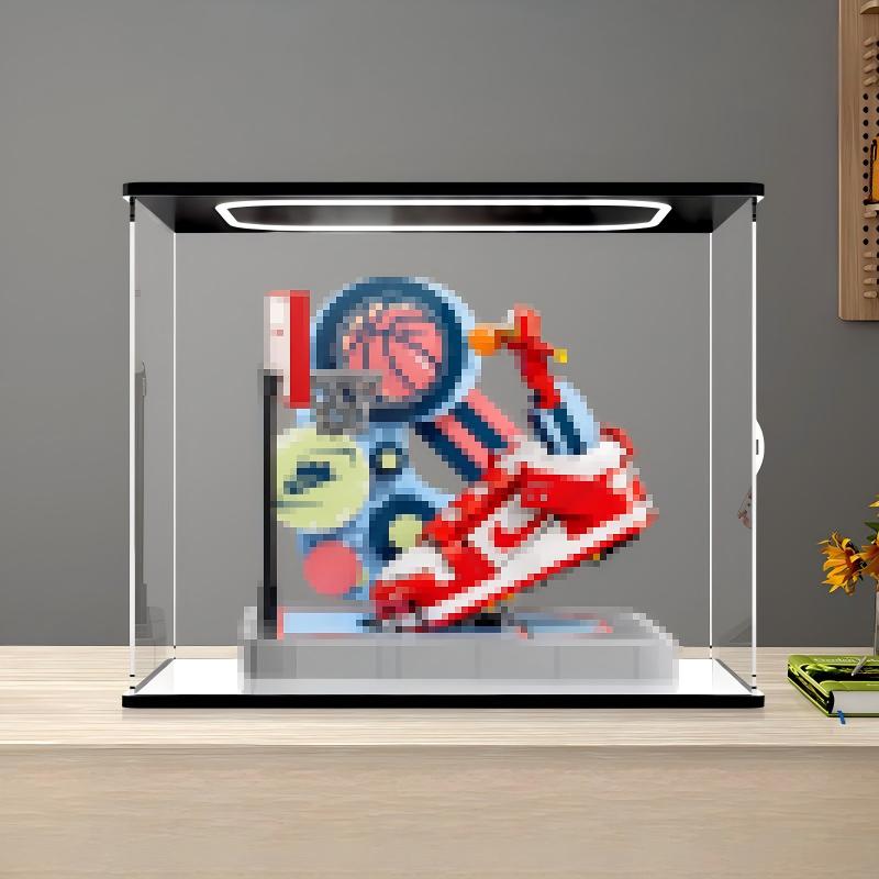 LEGO 43021 Nike Dunk Trickshot صندوق عرض أكريليك مرآة مع إضاءة حلقية وخلفية مطبوعة بالأشعة فوق البنفسجية - واجهة عرض مقاومة للغبار
