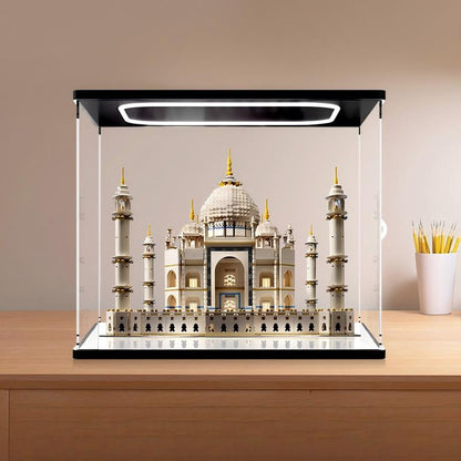 LEGO 10256 Taj Mahal Mirror Acrylic Display Case with Ring Light & UV-Printed Background - Dustproof Showcase