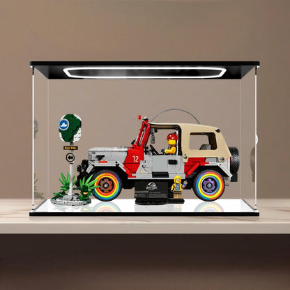 LEGO 77984 Jurassic Park Jeep Wrangler Mirror Acrylic Display Case with Ring Light & UV-Printed Background - Dustproof Showcase
