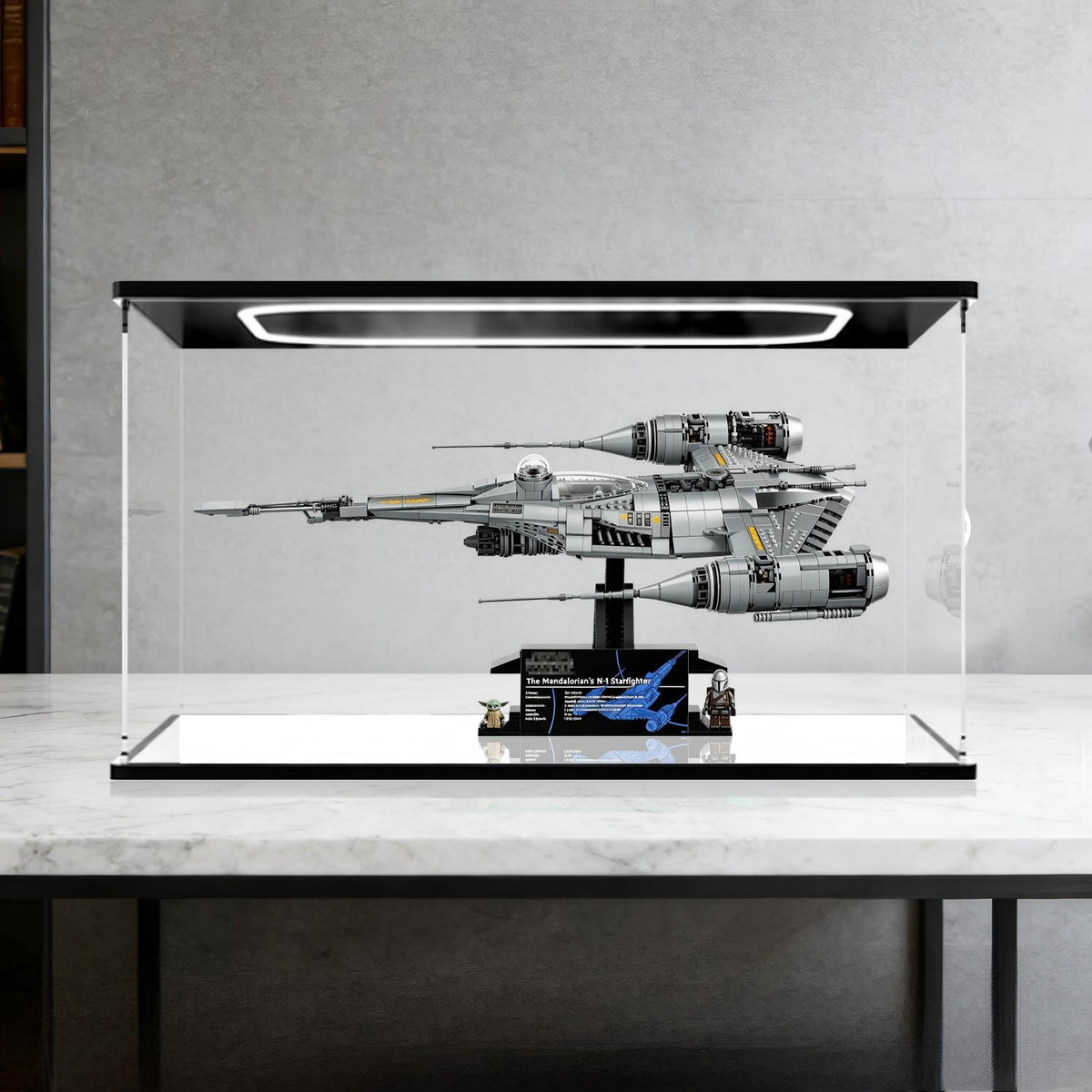 LEGO 75442 The Mandalorian's N-1 Starfighter - UCS Mirror Acrylic Display Case with Ring Light & UV-Printed Background - Dustproof Showcase