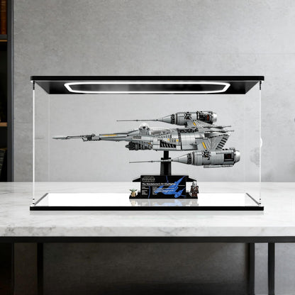 LEGO 75442 The Mandalorian's N-1 Starfighter - UCS Mirror Acrylic Display Case with Ring Light & UV-Printed Background - Dustproof Showcase