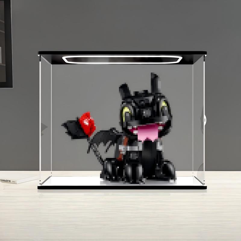 LEGO 10375 驯龙高手：无牙仔 镜面亚克力展示盒 带环形灯和UV印刷背景 - 防尘展示柜