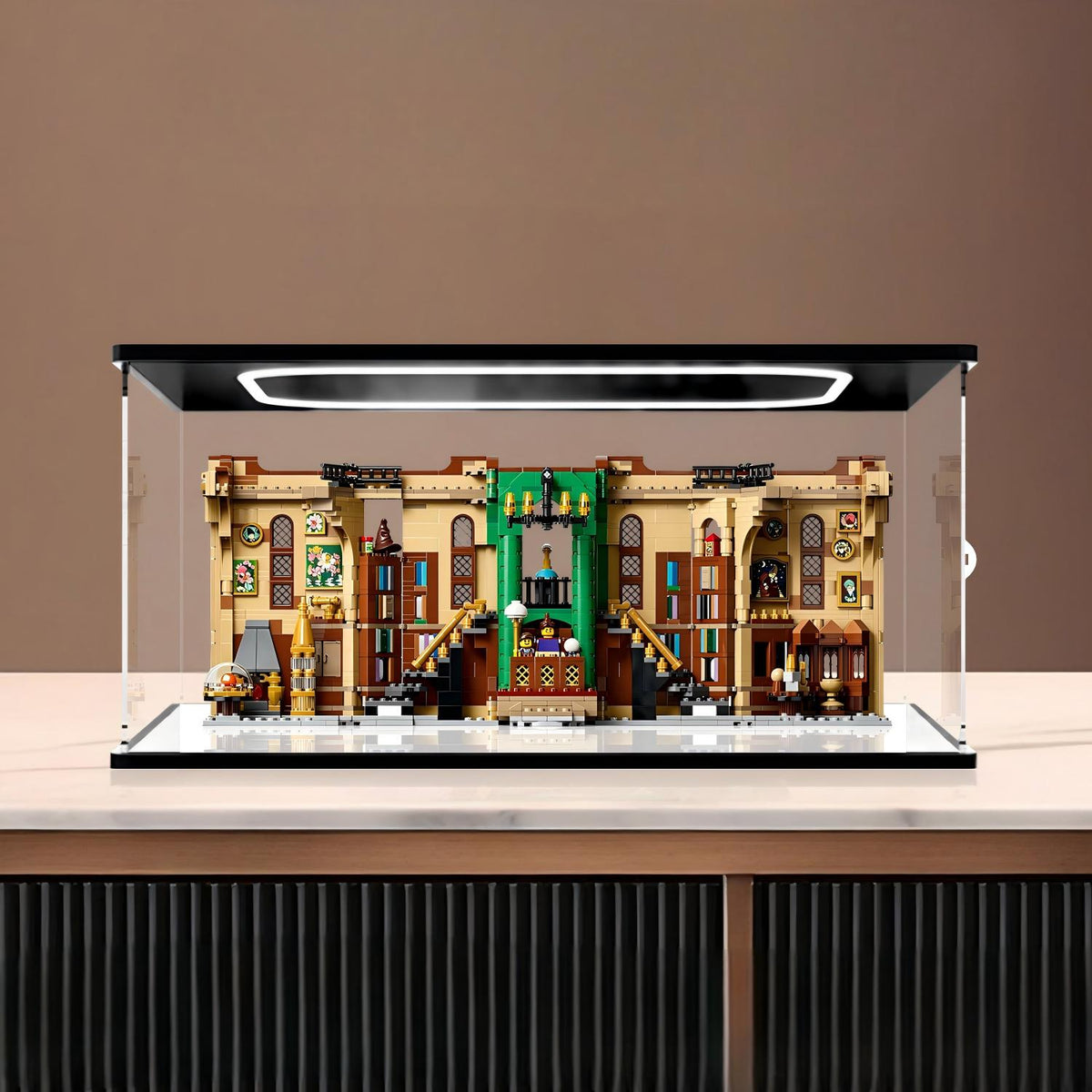 LEGO 76478 Harry Potter Book Nook: Dumbledore's Office Mirror Acrylic Display Case with Ring Light & UV-Printed Background - Dustproof Showcase