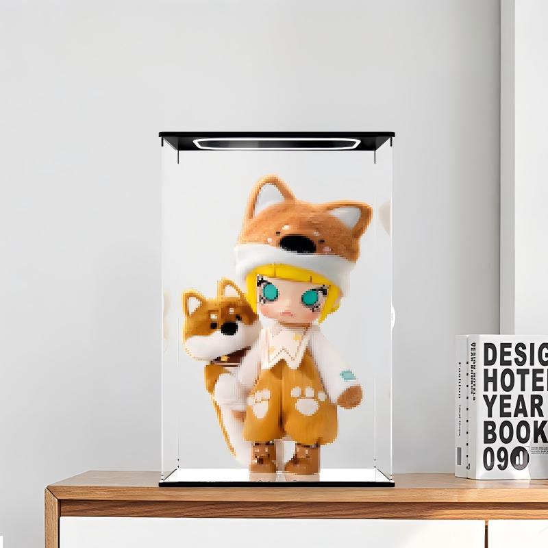 Caixa de Exibição de Acrílico Espelhado para Coleção Pop Mart Molly Shiba Inu com Luz de Anel e Fundo Impresso em UV - Vitrine à Prova de Poeira