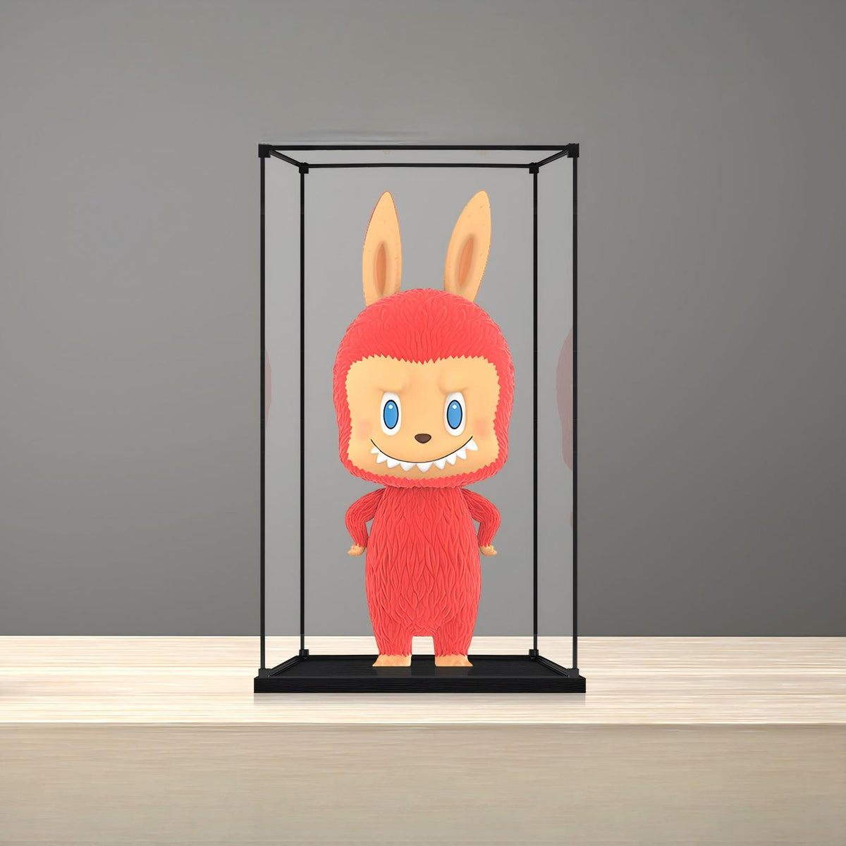 Boîte d'exposition en acrylique avec miroir pour Pop Mart Labubu Holiday, avec anneau lumineux et fond imprimé UV - Vitrine anti-poussière