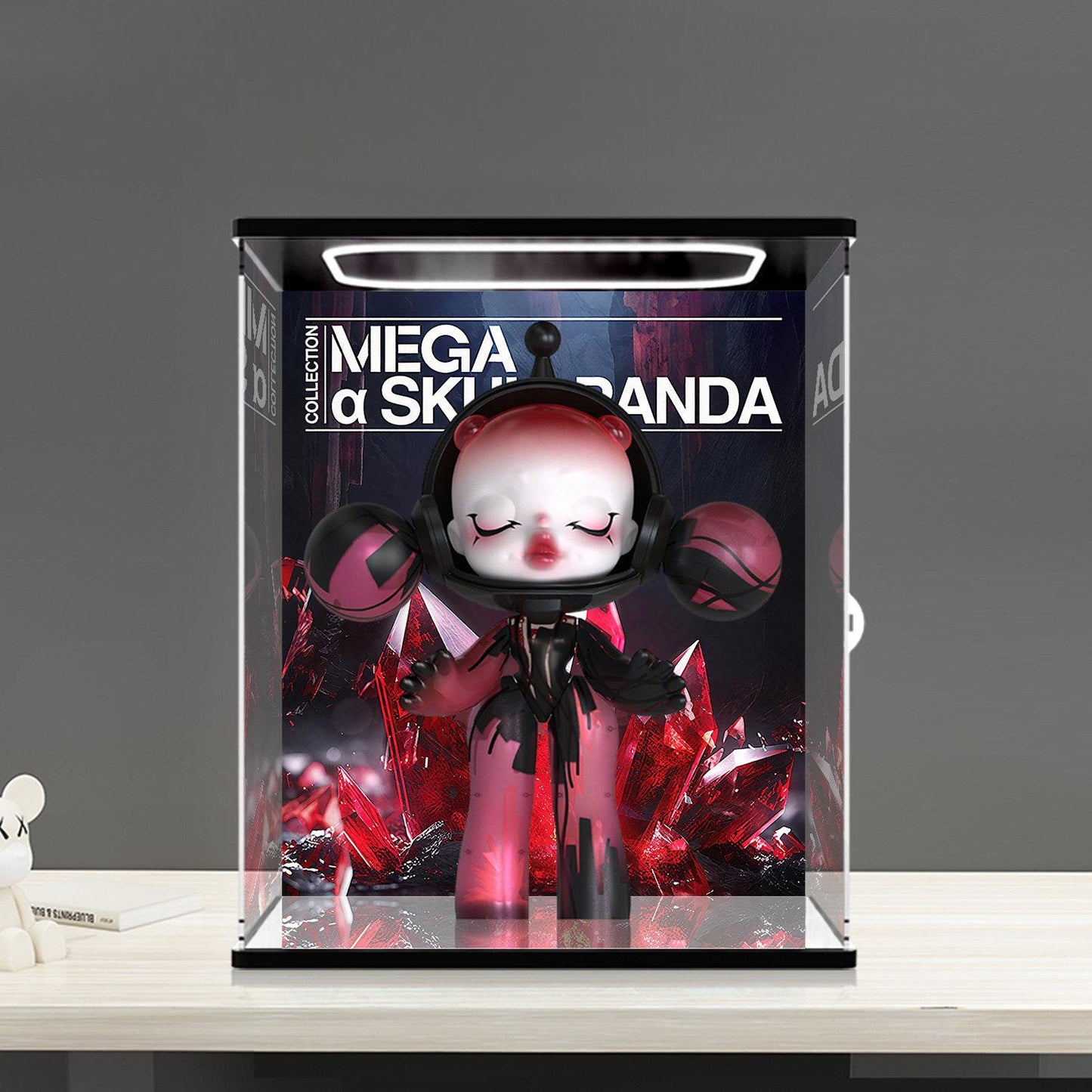 Pop Mart Skullpanda Mega Series Mirror Acrylic Display Case with Ring Light & UV-Printed Background - Dustproof Showcase