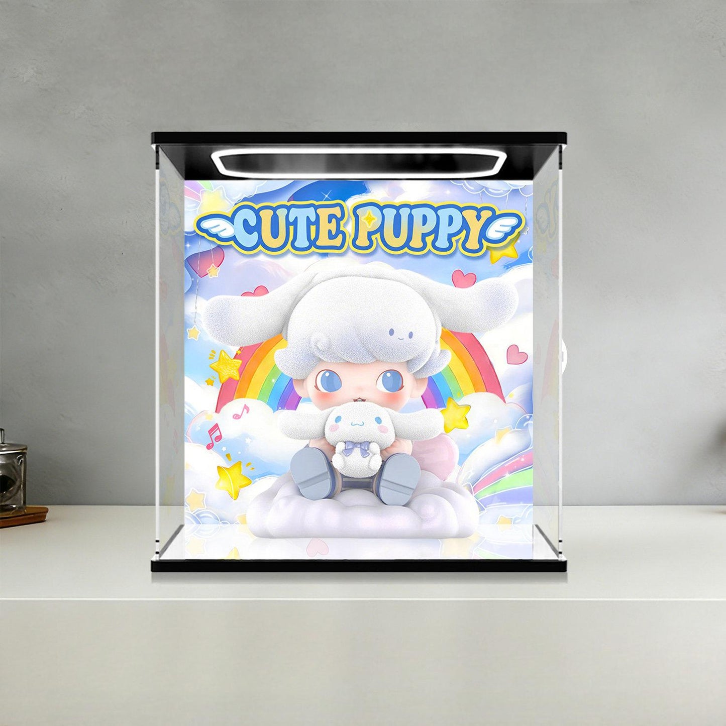 Pop Mart Cute Puppy Mirror Acrylic Display Case with Ring Light & UV-Printed Background - Dustproof Showcase