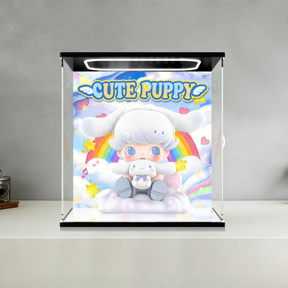 Pop Mart Cute Puppy Mirror Acrylic Display Case with Ring Light & UV-Printed Background - Dustproof Showcase