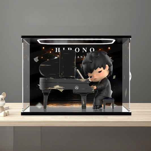 Pop Mart Hirono Piano Series Mirror Acrylic Display Case with Ring Light & UV-Printed Background - Dustproof Showcase
