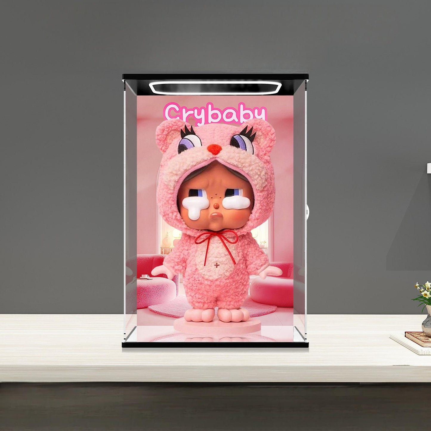 Pop Mart Crybaby Mirror Acrylic Display Case with Ring Light & UV-Printed Background - Dustproof Showcase
