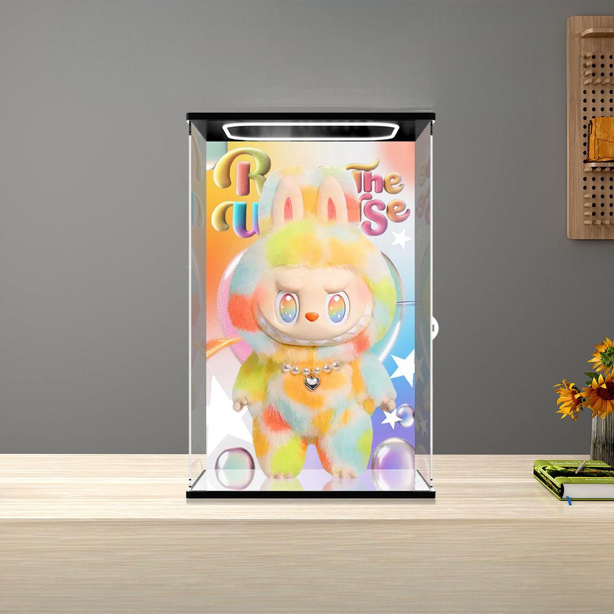 حالة عرض أكريليك مرآة لسلسلة Pop Mart The Monsters Labubu مع ضوء حلقي وخلفية مطبوعة بالأشعة فوق البنفسجية - صندوق عرض مقاوم للغبار