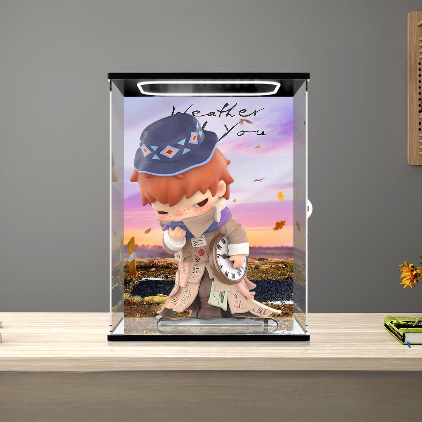 Pop Mart Weather With You Mirror Acrylic Display Case with Ring Light & UV-Printed Background - Dustproof Showcase