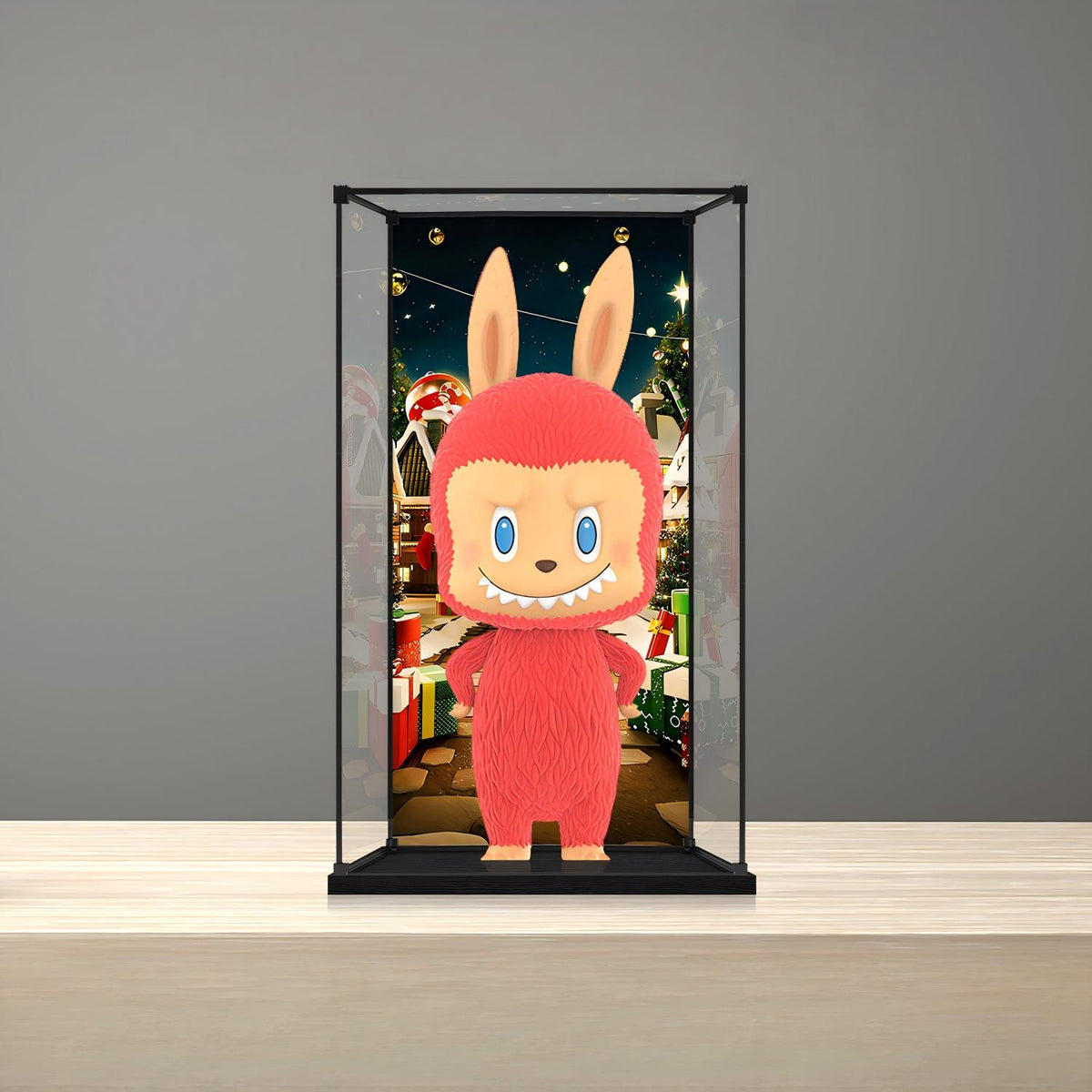 Boîte d'exposition en acrylique avec miroir pour Pop Mart Labubu Holiday, avec anneau lumineux et fond imprimé UV - Vitrine anti-poussière