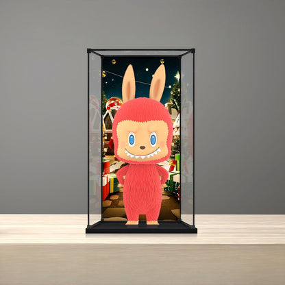 Boîte d'exposition en acrylique avec miroir pour Pop Mart Labubu Holiday, avec anneau lumineux et fond imprimé UV - Vitrine anti-poussière