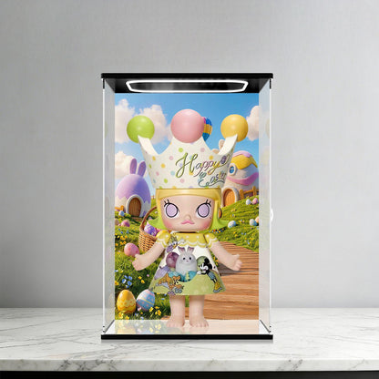 Pop Mart Molly Easter Series Mirror Acrylic Display Case with Ring Light & UV-Printed Background - Dustproof Showcase