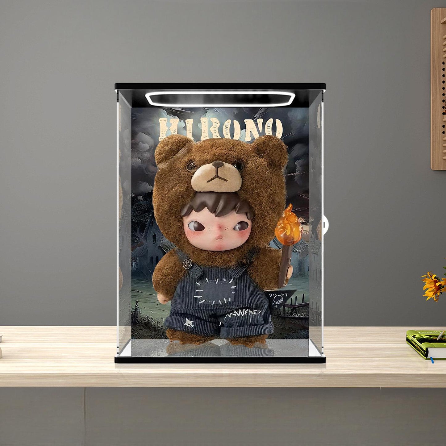 Pop Mart Hirono Series Mirror Acrylic Display Case with Ring Light & UV-Printed Background - Dustproof Showcase