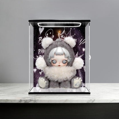 Pop Mart SP Bear Panpan Plush Figure Mirror Acrylic Display Case with Ring Light & UV-Printed Background - Dustproof Showcase
