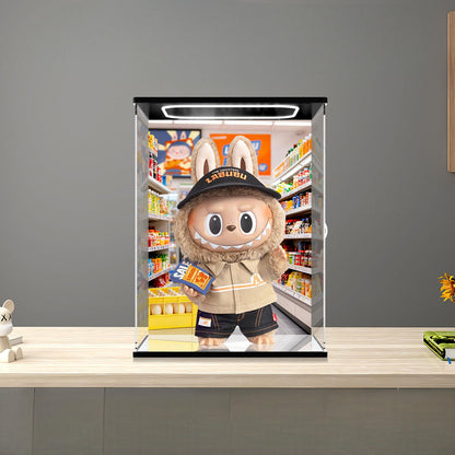 Pop Mart THE MONSTERS LABUBU Mirror Acrylic Display Case with Ring Light & UV-Printed Background - Dustproof Showcase