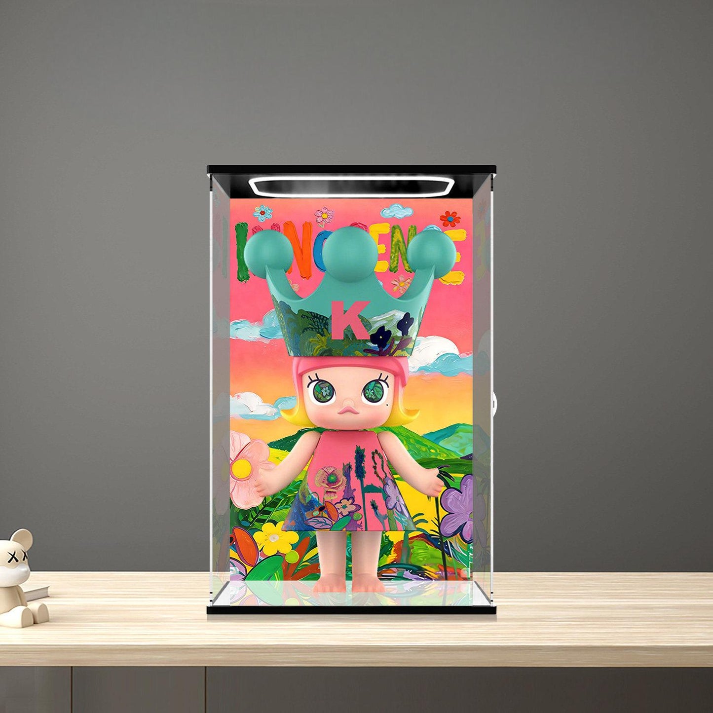 Convient pour la vitrine Pop Mart Molly Innocence – Vitrine avec fond imprimé UV et base miroir