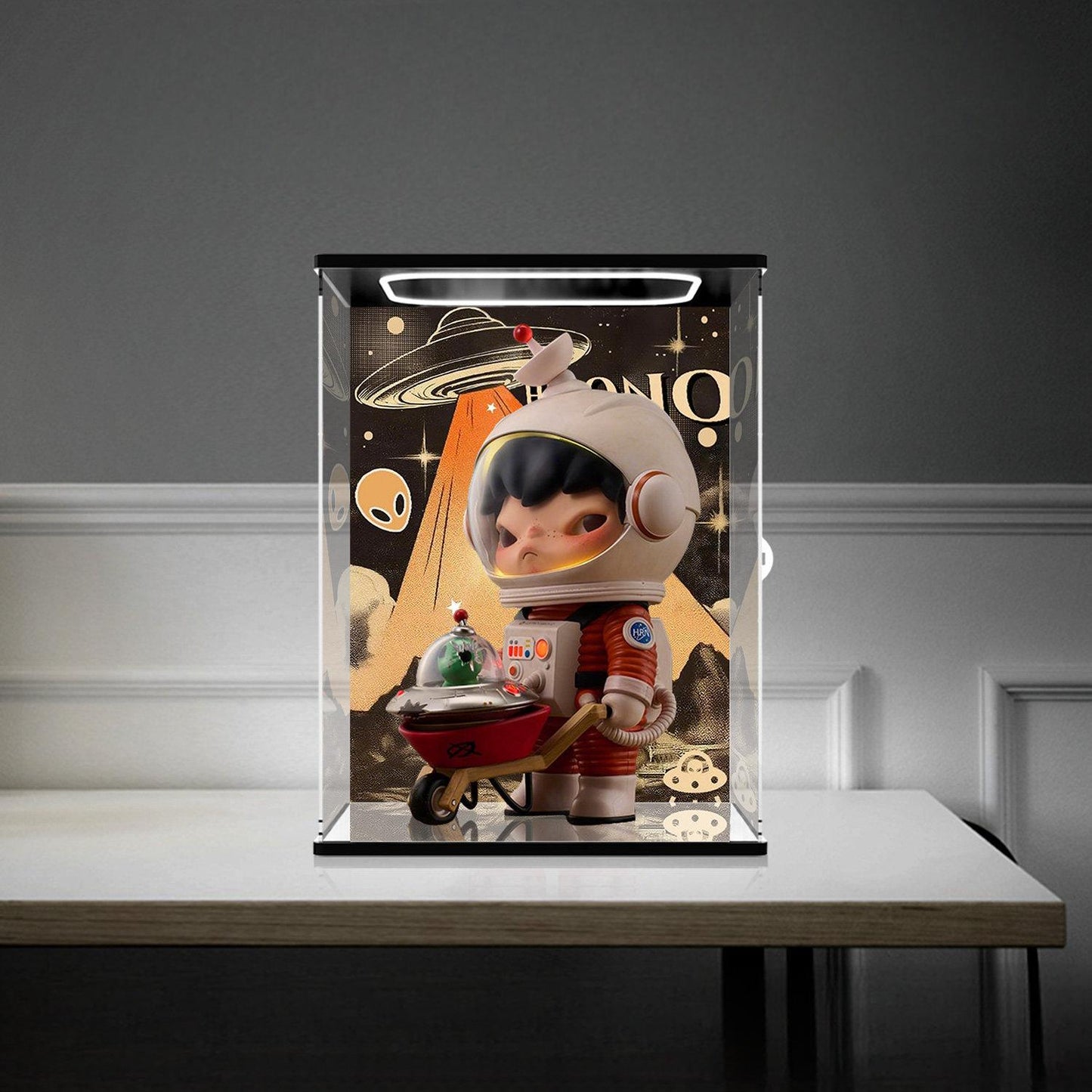 Pop Mart Dimoo Space Mirror Acrylic Display Case with Ring Light & UV-Printed Background - Dustproof Showcase