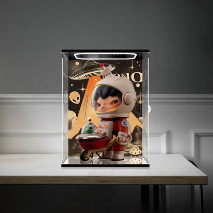 Pop Mart Dimoo Space Mirror Acrylic Display Case with Ring Light & UV-Printed Background - Dustproof Showcase