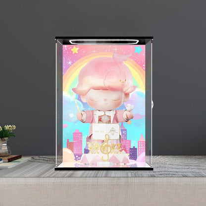 Pop Mart Dimoo Dream Melody Mirror Acrylic Display Case with Ring Light & UV-Printed Background - Dustproof Showcase