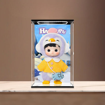 Pop Mart Hacipupu Mirror Acrylic Display Case with Ring Light & UV-Printed Background - Dustproof Showcase