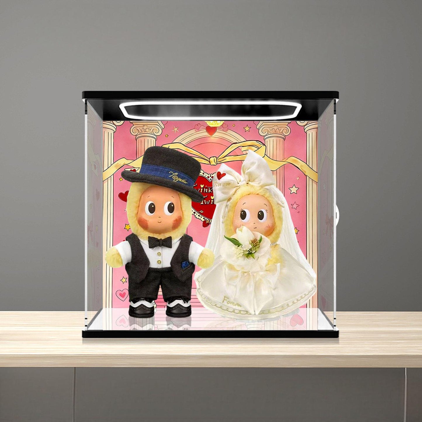 Pop Mart Wedding Series Mirror Acrylic Display Case with Ring Light & UV-Printed Background - Dustproof Showcase