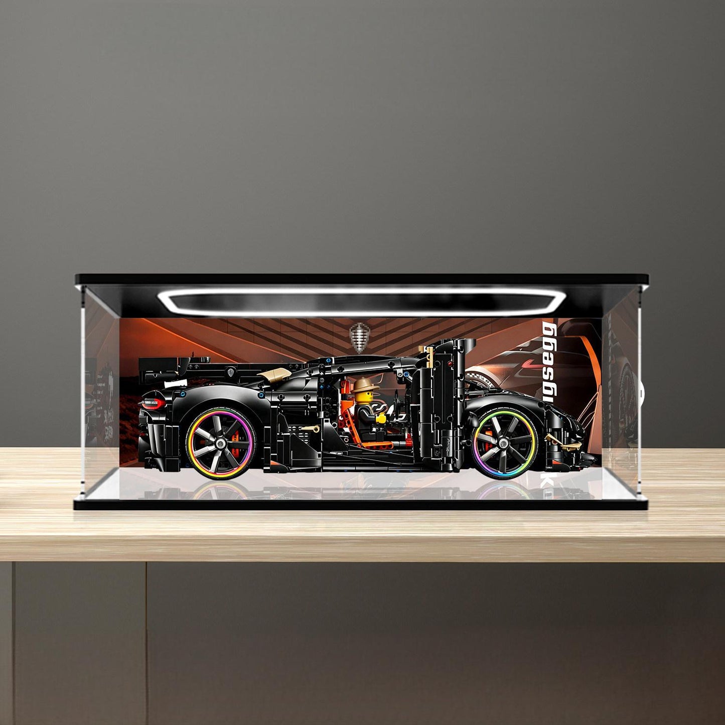 LEGO 42232 ケーニグセグ スーパーカー用ディスプレイケース – UVプリント背景＆ミラーベース付きショーケース