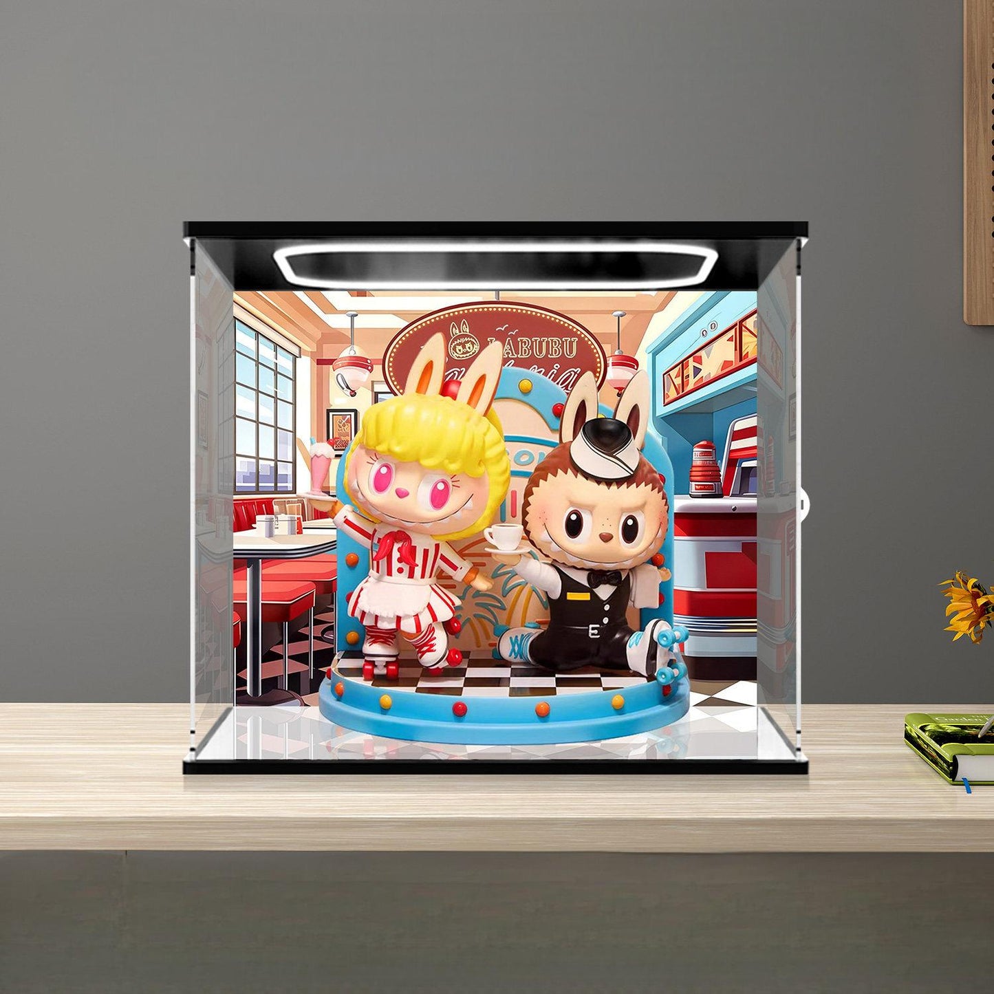 Pop Mart THE MONSTERS LABUBU Diner Mirror Acrylic Display Case with Ring Light & UV-Printed Background - Dustproof Showcase