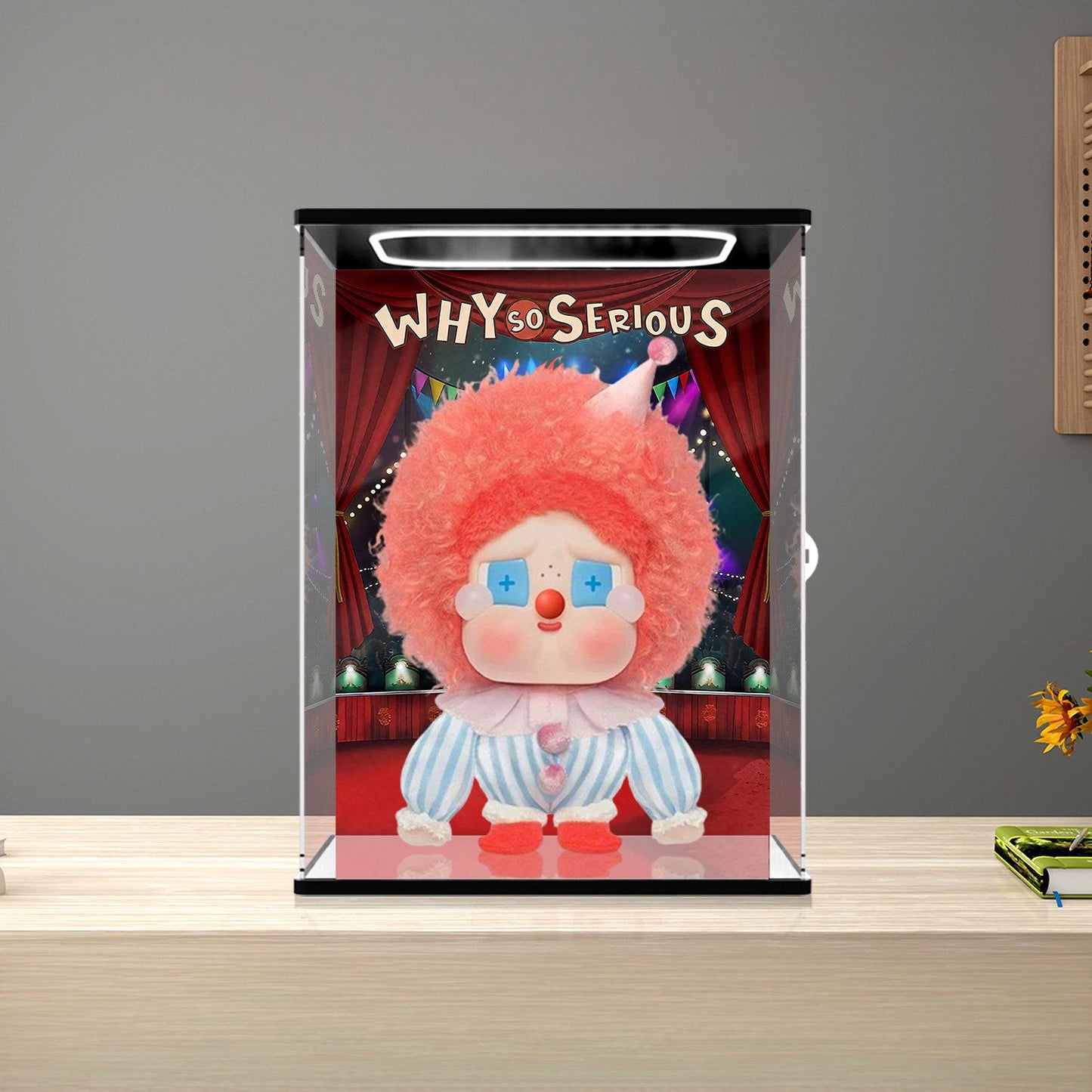 Pop Mart Labubu Why So Serious Mirror Acrylic Display Case with Ring Light & UV-Printed Background - Dustproof Showcase