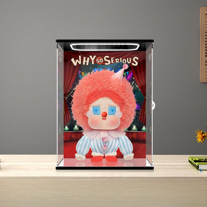 Pop Mart Labubu Why So Serious Mirror Acrylic Display Case with Ring Light & UV-Printed Background - Dustproof Showcase