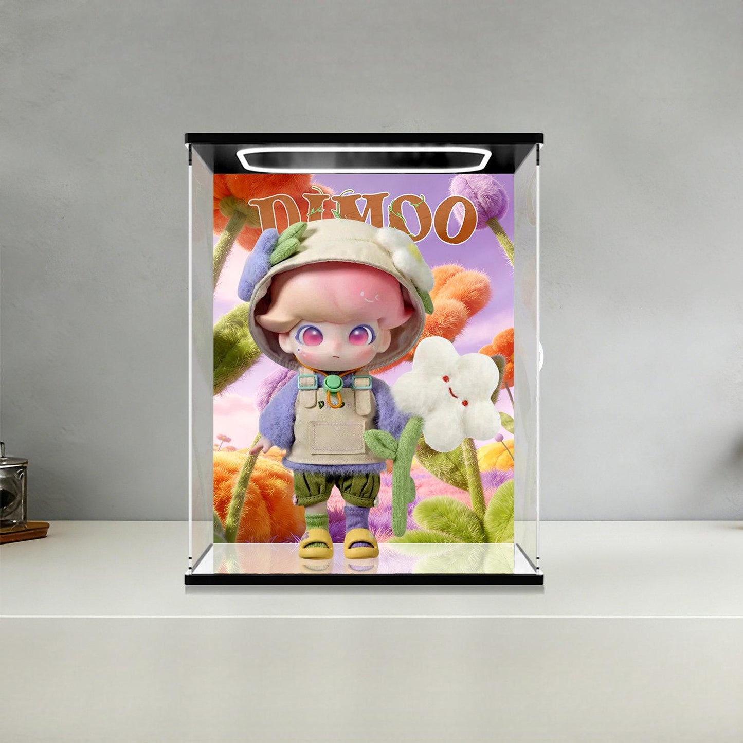 Pop Mart DIMOO Series Mirror Acrylic Display Case with Ring Light & UV-Printed Background - Dustproof Showcase