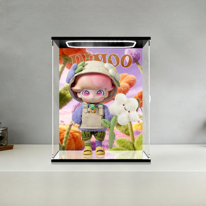 Pop Mart DIMOO Series Mirror Acrylic Display Case with Ring Light & UV-Printed Background - Dustproof Showcase